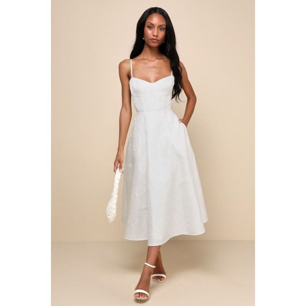 Lulus Meet For Tea White Jacquard Bustier Midi Dress With Pockets - Size S
